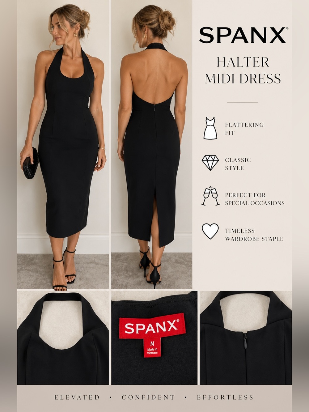 SPANX Black Halter Midi Dress Size M Bodycon Open Back Cocktail LBD